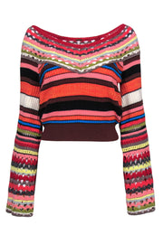 Current Boutique-Free People - Multicolor Striped Crochet Bell Sleeve Cropped Sweater Sz S