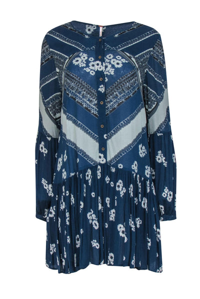 Current Boutique-Free People - Navy Floral Printed Button-Front Shift Dress Sz S