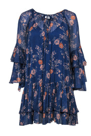 Current Boutique-Free People - Navy & Orange Floral Print Tiered Shift Dress Sz S