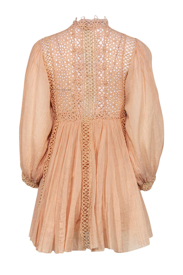 Current Boutique-Free People - Peach Cotton Long Sleeve Fit & Flare Dress w/ Eyelet Trim Sz S