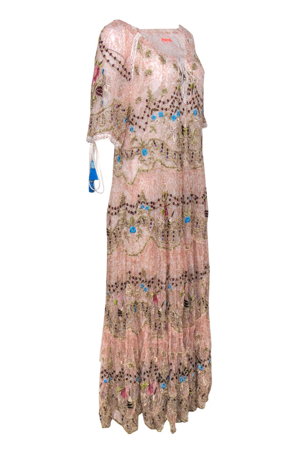 Current Boutique-Free People - Peach & White Bohemian Print Maxi Dress w/ Floral Embroidery Sz M