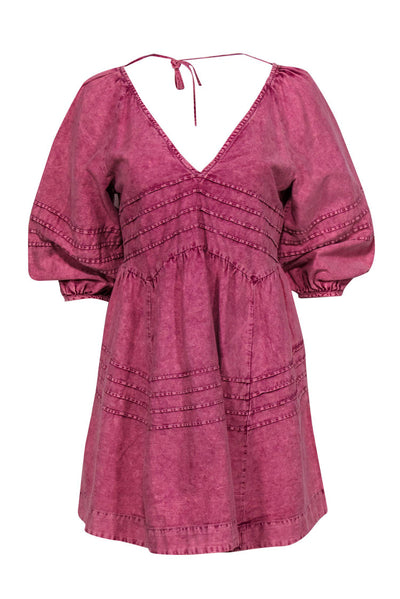 Current Boutique-Free People - Pink Denim Puff Sleeve Plunge Mini Dress Sz S
