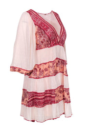 Current Boutique-Free People - Pink & Red Textured & Floral Print Embroidered Shift Dress Sz M