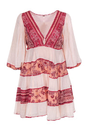 Current Boutique-Free People - Pink & Red Textured & Floral Print Embroidered Shift Dress Sz M