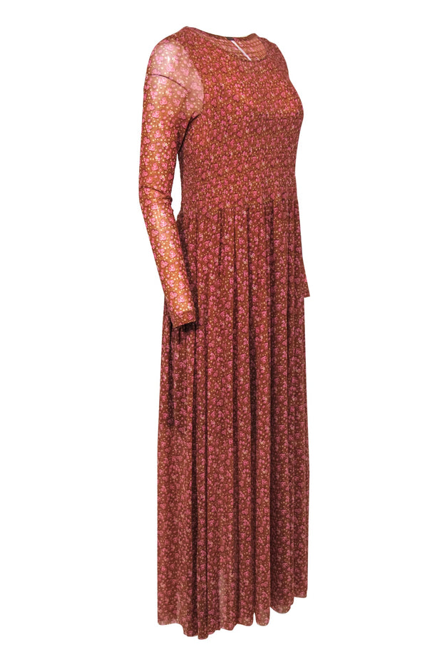 Current Boutique-Free People - Pumpkin & Pink Floral Print Mesh Maxi Dress w/ Smocked Bodice Sz M