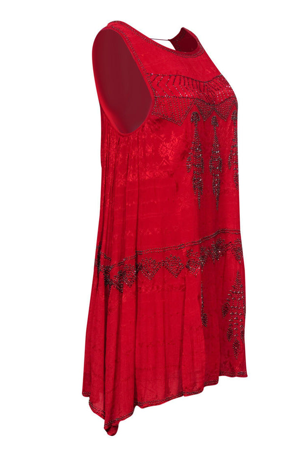 Current Boutique-Free People - Red Beaded Sleeveless Shift Dress Sz S