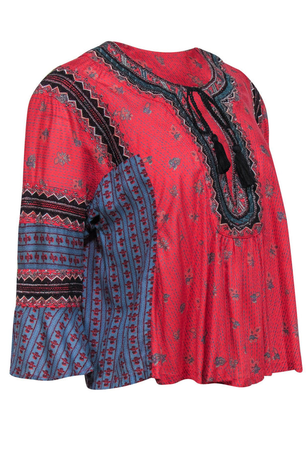 Current Boutique-Free People - Red, Blue & Black Multi-Print Blouse w/ Tassels & Metallic Embroidery Sz XS