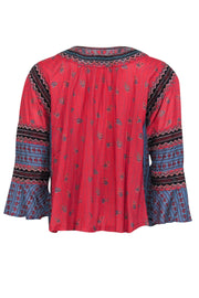 Current Boutique-Free People - Red, Blue & Black Multi-Print Blouse w/ Tassels & Metallic Embroidery Sz XS