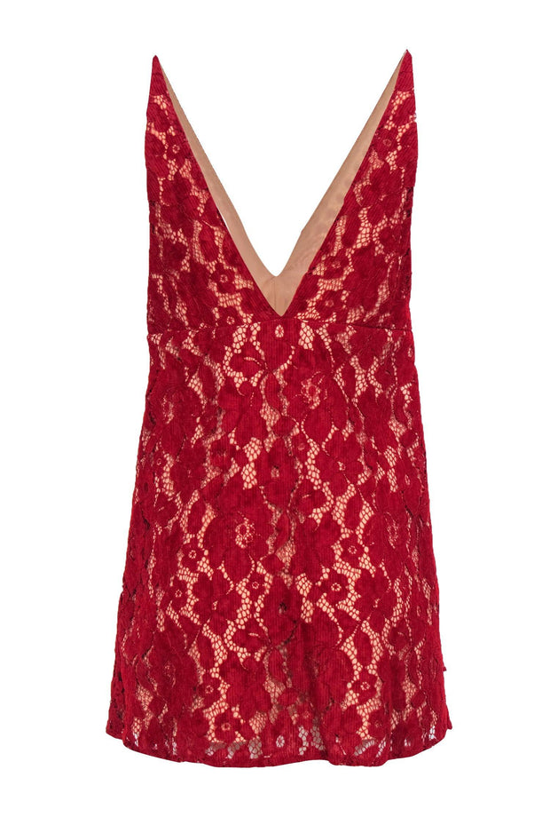 Current Boutique-Free People - Red Corduroy Ribbed Lace Mini Babydoll Dress Sz 8