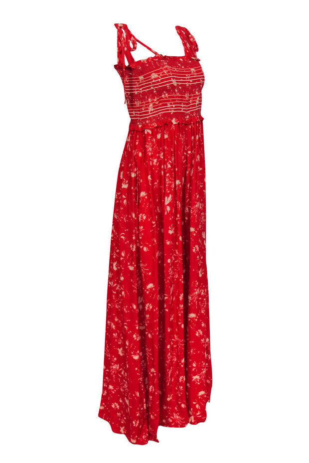 Current Boutique-Free People - Red & Cream Floral Print Wide Leg Sleeveless Jumpsuit Sz M