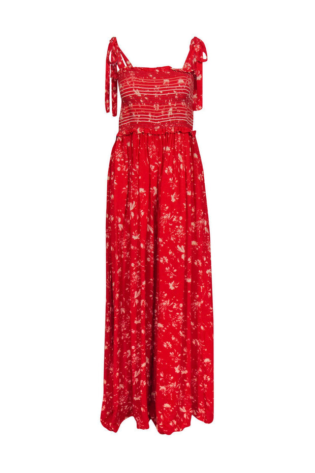 Current Boutique-Free People - Red & Cream Floral Print Wide Leg Sleeveless Jumpsuit Sz M