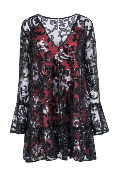 Current Boutique-Free People - Red Floral Babydoll Dress w/ Black Lace Sequin Overlay Sz S