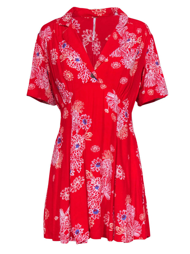 Current Boutique-Free People - Red Floral Short Sleeved Mini Dress Sz S