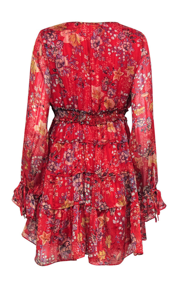 Current Boutique-Free People - Red Floral V-Neck Tiered Shift Dress Sz M