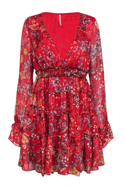 Current Boutique-Free People - Red Floral V-Neck Tiered Shift Dress Sz M