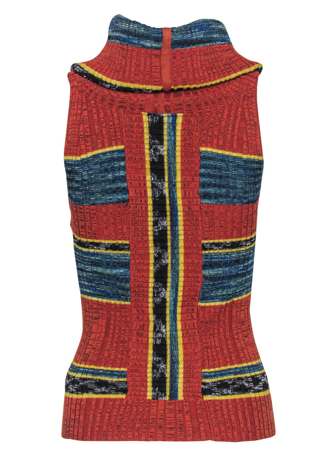Current Boutique-Free People - Rust, Yellow & Blue Printed Sleeveless Turtleneck Sweater Sz M