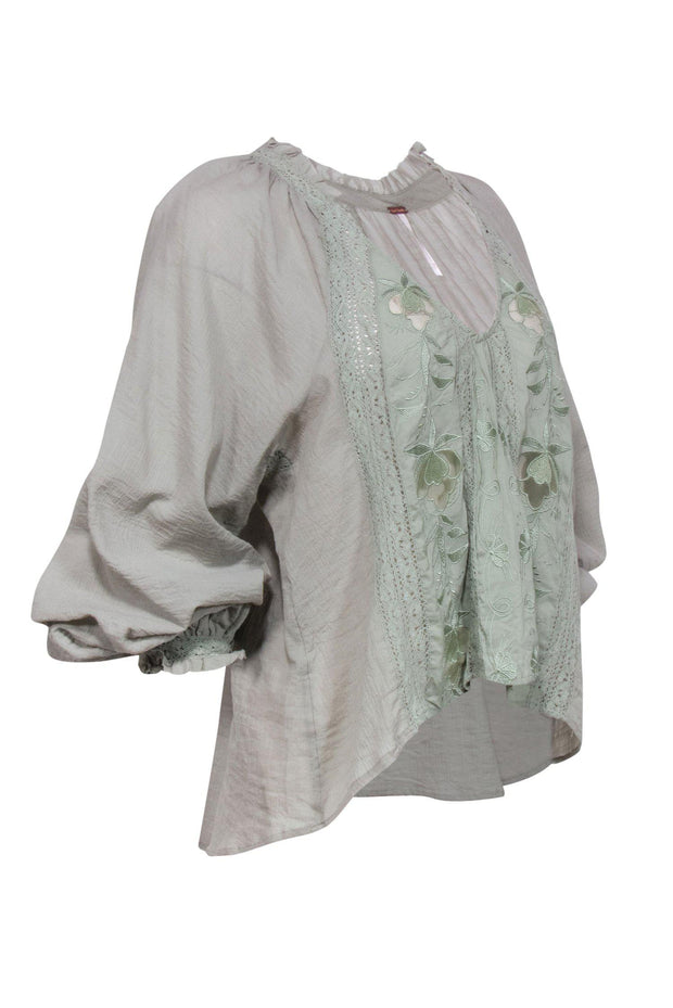 Current Boutique-Free People - Sage Green Embroidered Long Sleeve Blouse Sz S