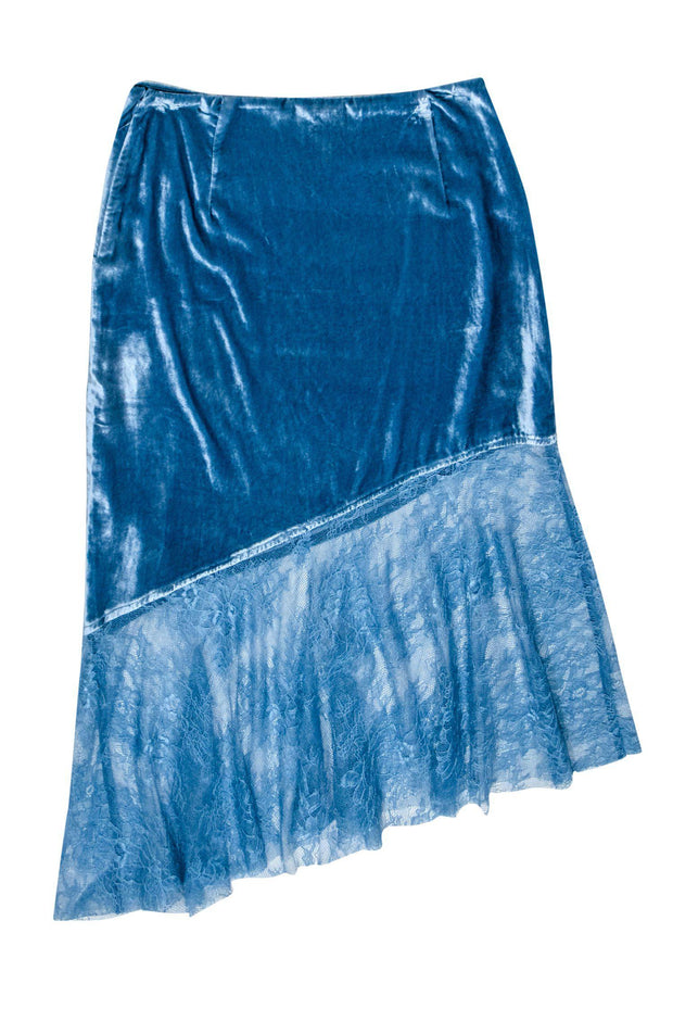 Current Boutique-Free People - Teal Velvet Midi Skirt w/ Asymmetrical Lace Hem Sz 2
