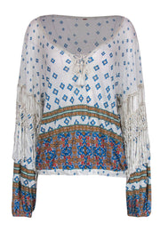 Current Boutique-Free People - White, Blue & Mustard Bohemian Print Long Sleeve Blouse w/ Fringe Sz M