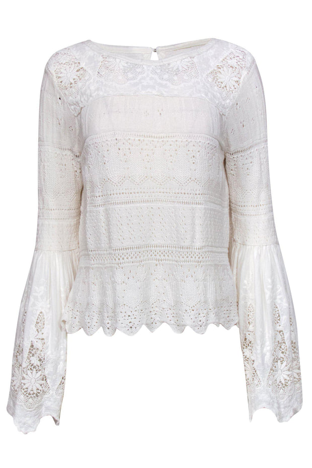 Current Boutique-Free People - White Long Sleeve Crochet Blouse w/ Bell Sleeve Sz L