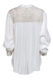 Current Boutique-Free People - White Textured Long Sleeve Button-Up Blouse w/ Metallic Embroidery Sz M