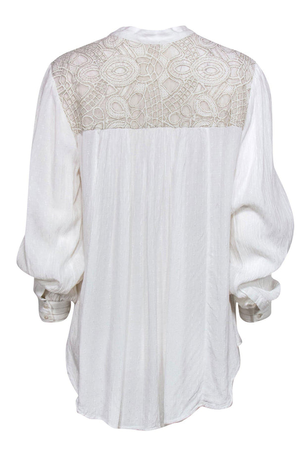 Current Boutique-Free People - White Textured Long Sleeve Button-Up Blouse w/ Metallic Embroidery Sz M