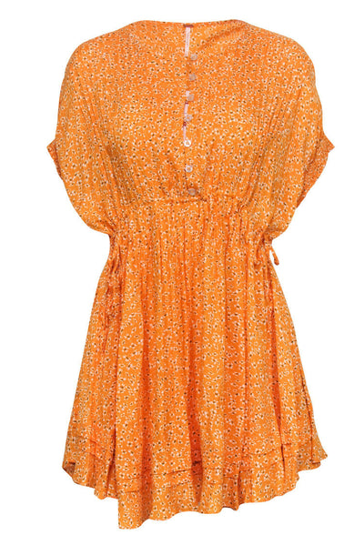 Current Boutique-Free People - Yellow Ditsy Floral Print Short Sleeve Half Button-Up Dress Sz XS