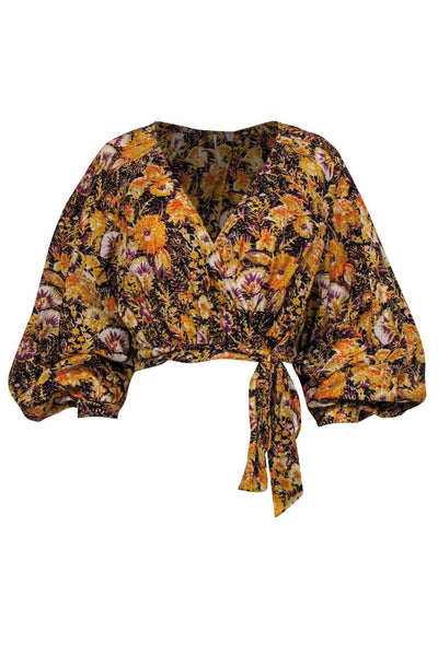 Current Boutique-Free People - Yellow Floral Print Long Sleeve Cropped Wrap Blouse Sz S