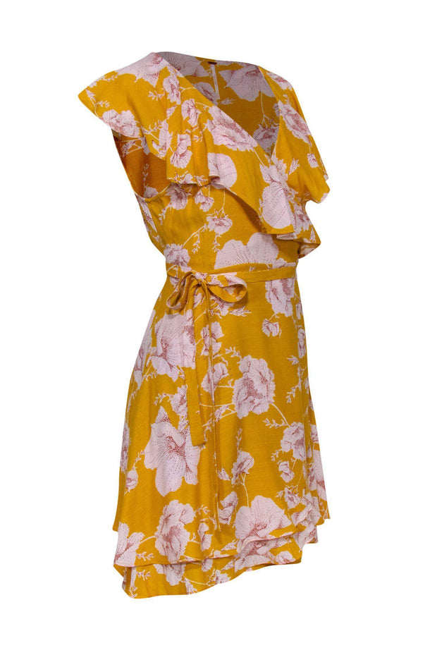 Current Boutique-Free People - Yellow Floral Ruffle Wrap Dress Sz L