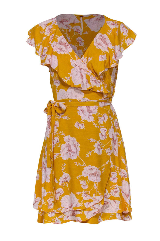 Current Boutique-Free People - Yellow Floral Ruffle Wrap Dress Sz L