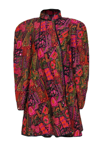 Current Boutique-French Collizioni - Vintage Pink & Multicolored Beaded Open Silk Coat Sz XL