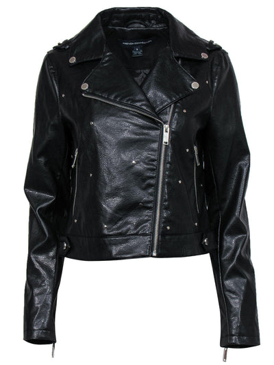 Current Boutique-French Connection - Black Faux Leather Studded Moto Jacket Sz S