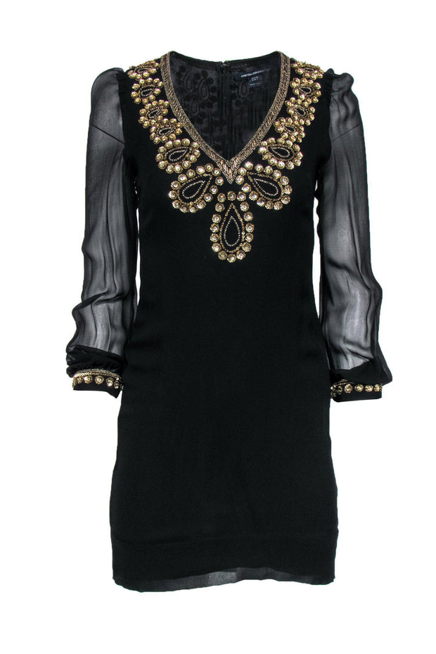 Current Boutique-French Connection - Black Silk Long Sleeve Dress w/ Sequins Sz 6