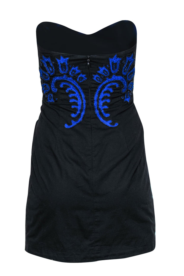 Current Boutique-French Connection - Black Strapless Blue Embroidered A-Line Dress w/ Beading Sz 2
