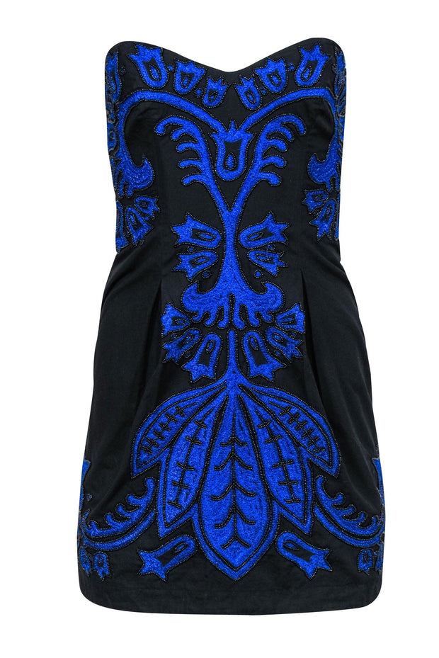 Current Boutique-French Connection - Black Strapless Blue Embroidered A-Line Dress w/ Beading Sz 2