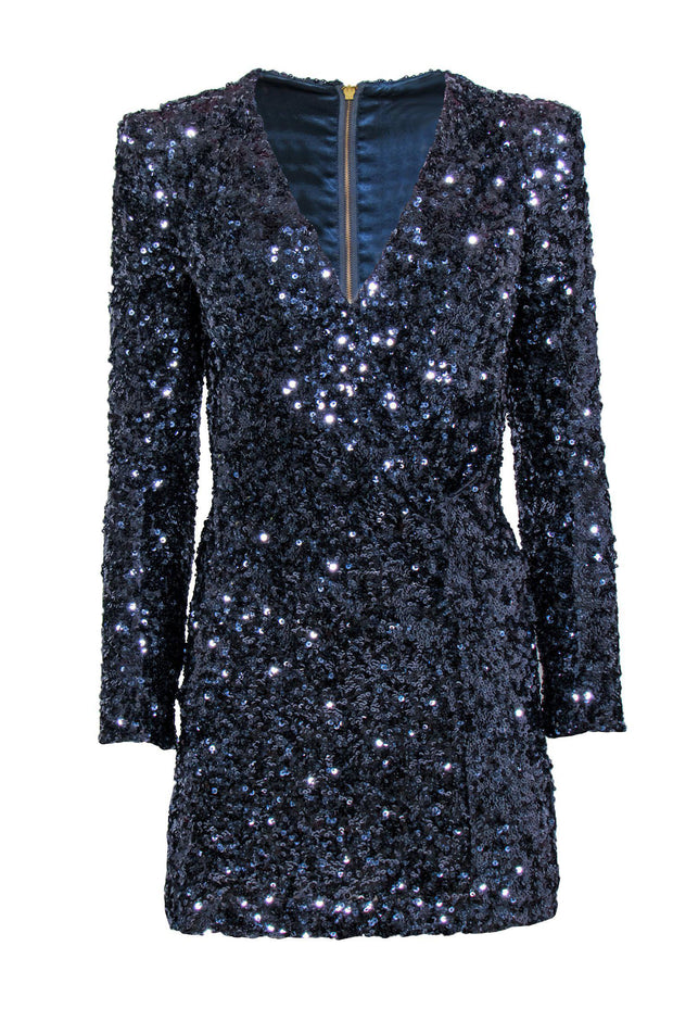 Current Boutique-French Connection - Dark Blue Sequin Long Sleeve Faux Wrap Dress Sz 4