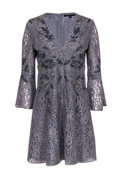 Current Boutique-French Connection - Gray Lace Bell Sleeve Dress w/ Beading Sz 8