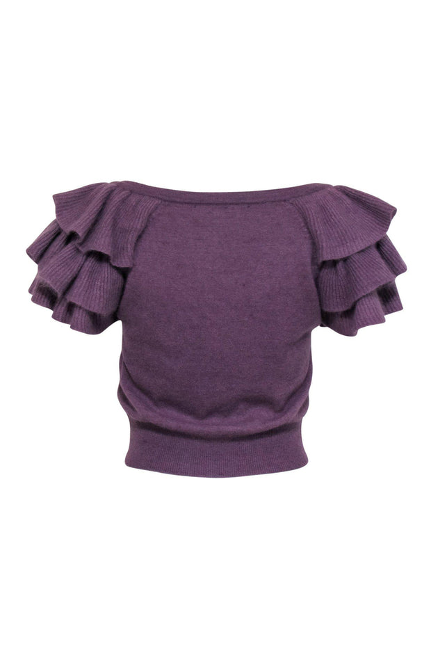 Current Boutique-French Connection - Purple Button-Up Ruffle Short Sleeve Cropped Cardigan Sz XS