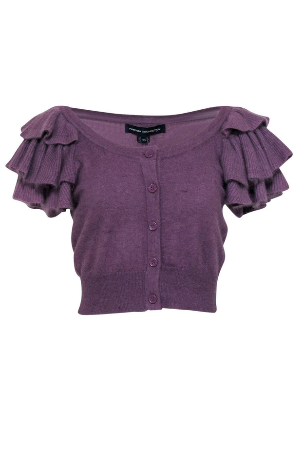 Current Boutique-French Connection - Purple Button-Up Ruffle Short Sleeve Cropped Cardigan Sz XS