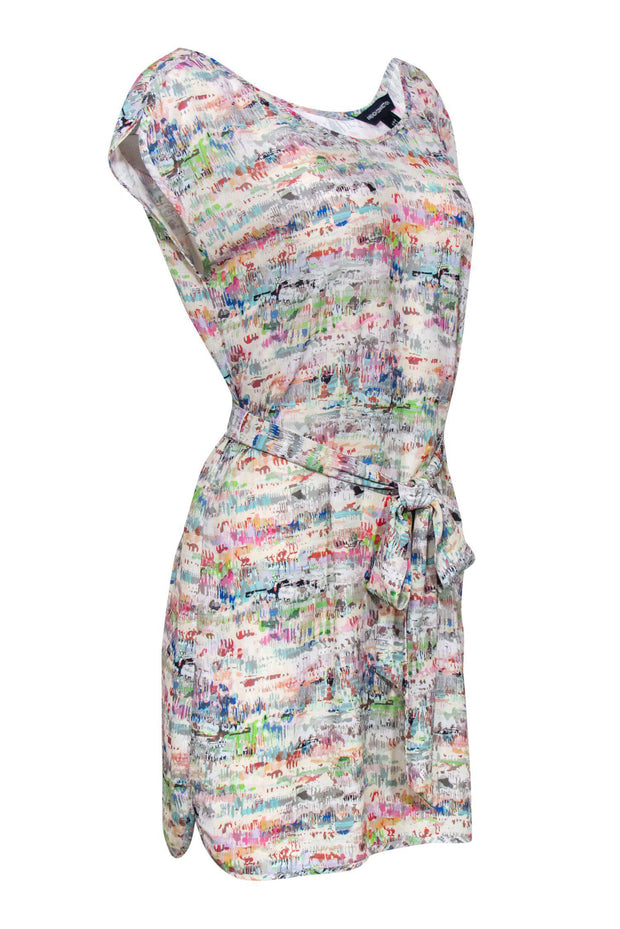 Current Boutique-French Connection - White & Multicolor Abstract Print Sleeveless Shift Dress w/ Belt Sz 2
