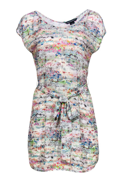 Current Boutique-French Connection - White & Multicolor Abstract Print Sleeveless Shift Dress w/ Belt Sz 2