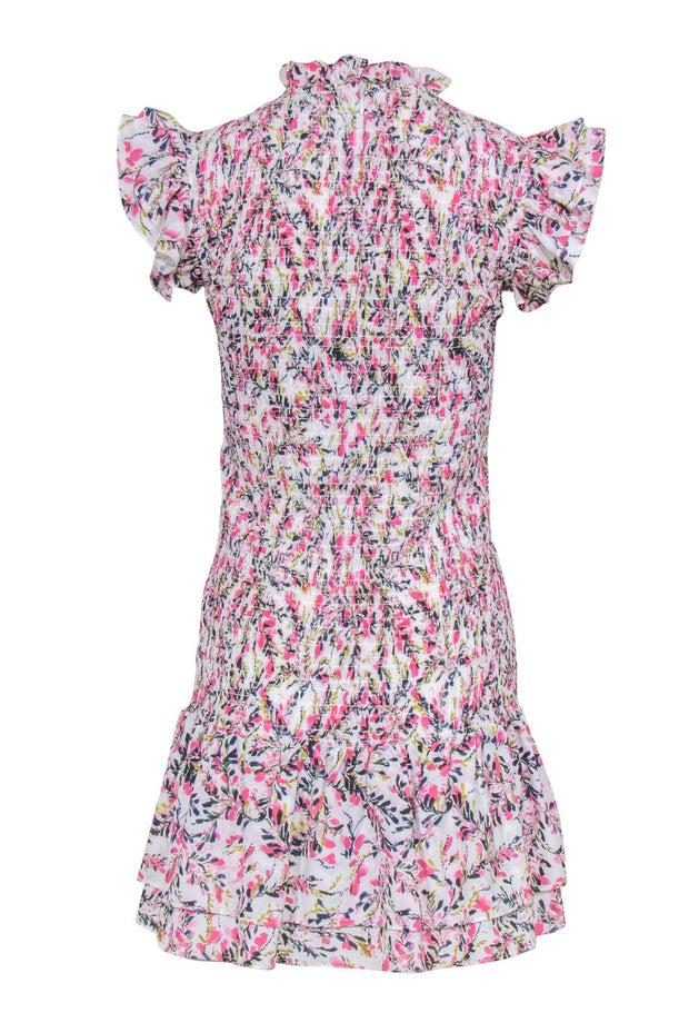 Current Boutique-French Connection - White & Pink Floral Printed Smocked Dress w/ Ruffles Sz S