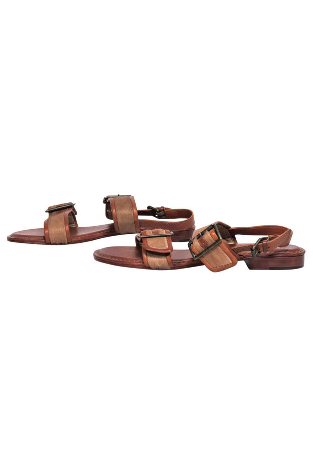 Current Boutique-Frye - Brown Leather Calf Hair Buckled Sandals Sz 8.5