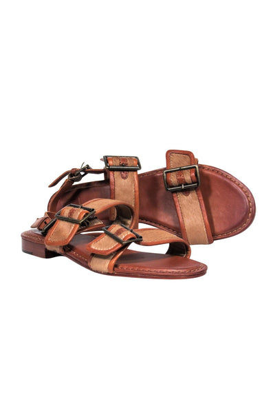 Current Boutique-Frye - Brown Leather Calf Hair Buckled Sandals Sz 8.5
