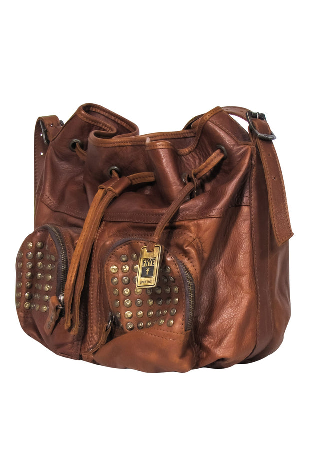 Current Boutique-Frye - Brown Leather Drawstring Crossbody Bag w/ Studs