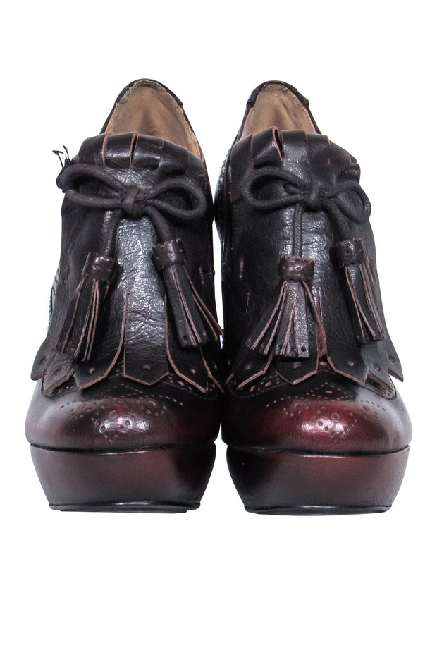 Current Boutique-Frye - Brown Leather Oxford Loafer-Style Platform Heeled Booties Sz 5.5