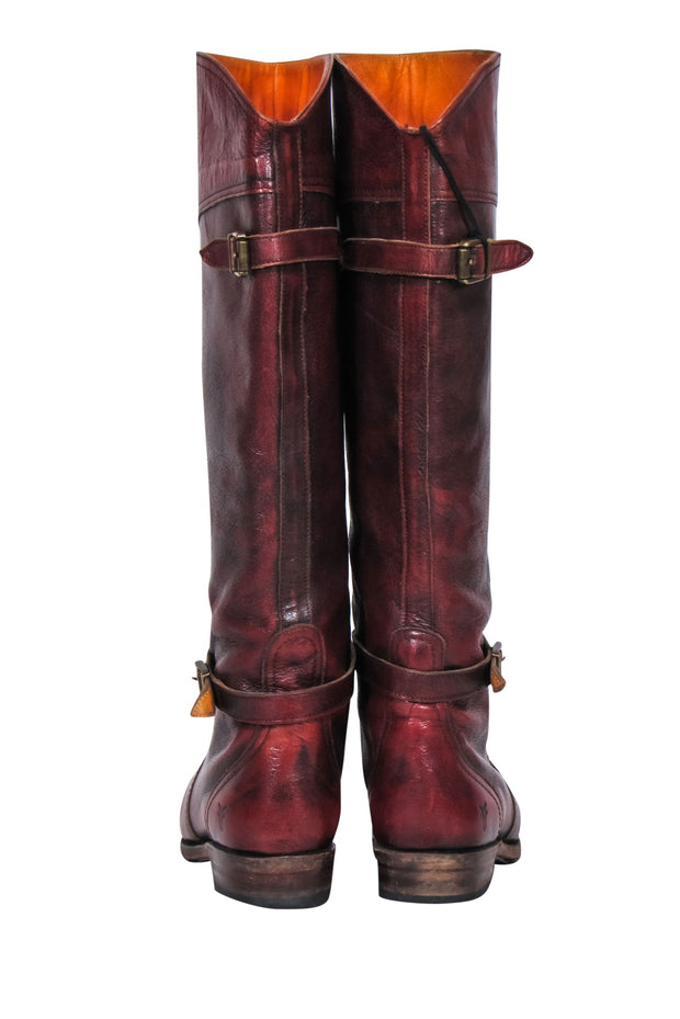 Current Boutique-Frye - Burgundy Marbled Leather Knee High Boots w/ Buckles Sz 7