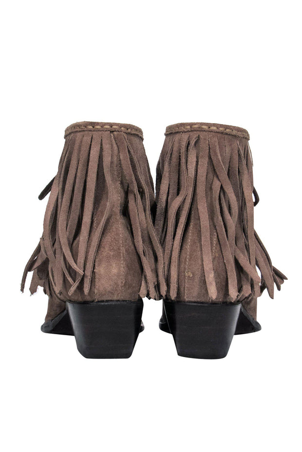 Current Boutique-Frye - Tan Suede Lace-Up Heeled Booties w/ Fringe Sz 8.5