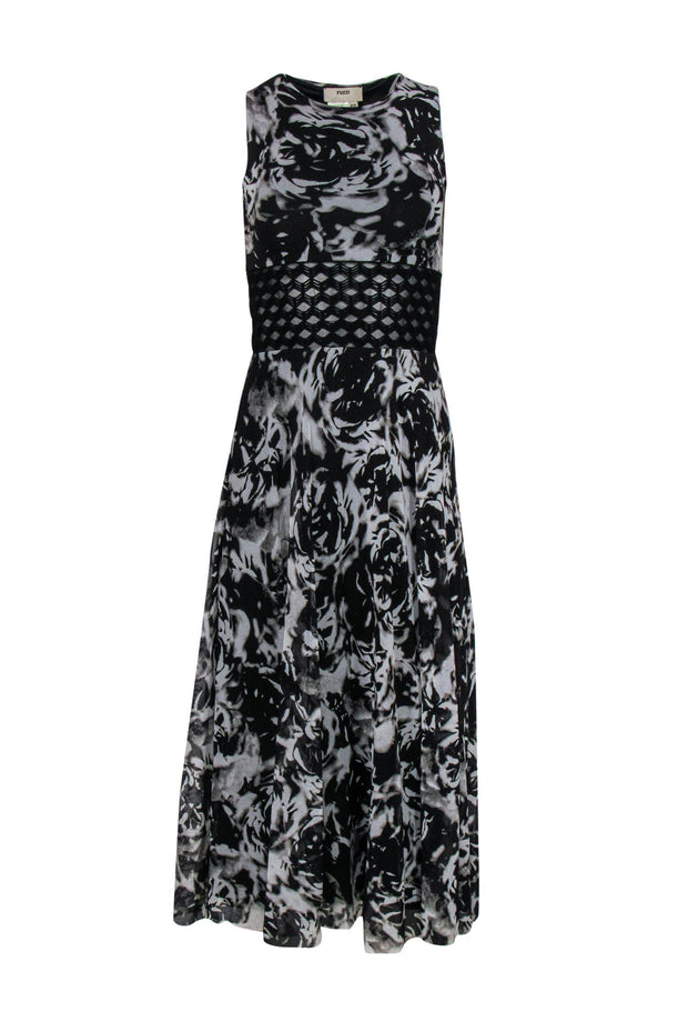 Current Boutique-Fuzzi - Black & White Floral Mesh Dress w/ Textured Waist Sz XS