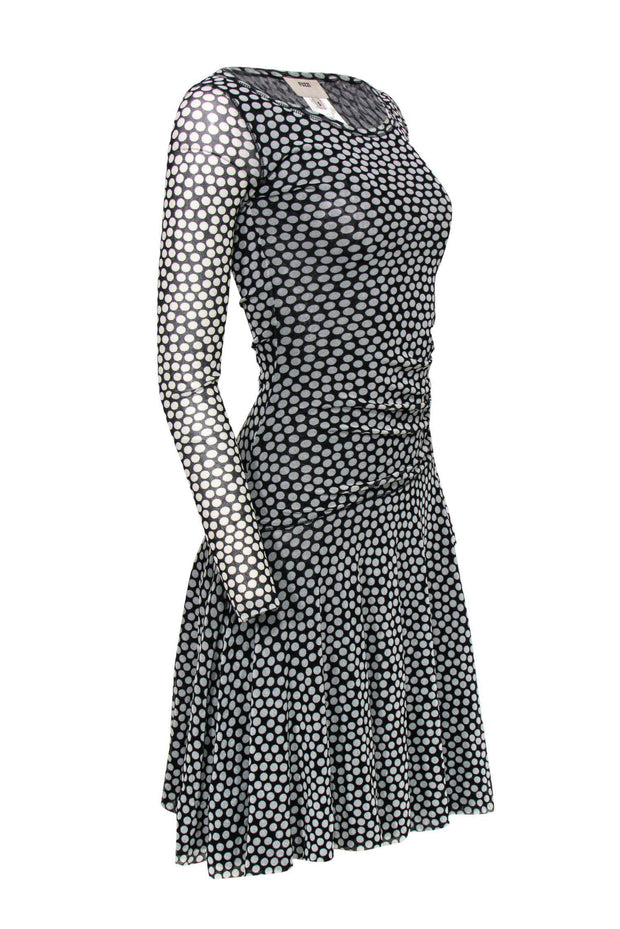 Current Boutique-Fuzzi - Black & White Polka Dot Midi Dress w/ Ruching Sz S